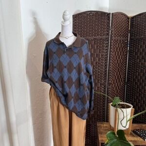 Haggar Brown Classic Argyle Polo Sweater Top Size Large Men's Classic Style